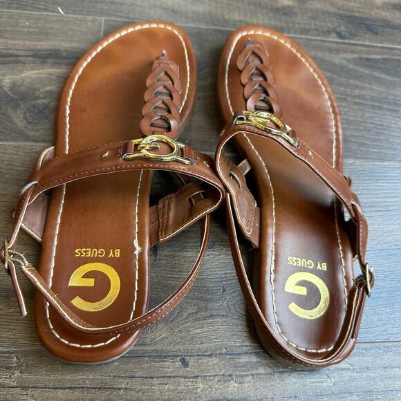 Guess Size 9 Braided Thong Strap Sandal Brown and Gold Logo Vacation Everyday - Picture 6 of 9